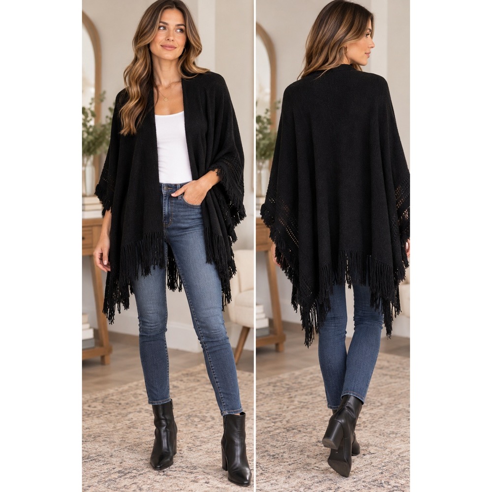 Saachi Black Knit Shawl Wrap Open Front Fringe Trim Crochet Detail Poncho